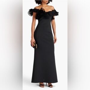 Badgley Mischka Ruffled scuba gown Off-Shoulder Size 8